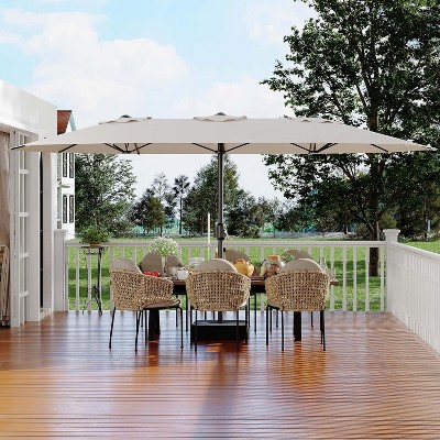 15Ft Rectangular Patio Umbrella with Base Large Patio Umbrella with Crank Handle, UV Resistant, Suitable for Outdoor Markets, Backyard, Poolside-Beige