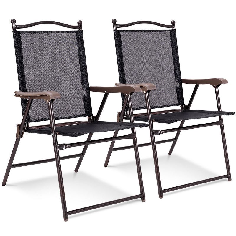 Costway Set of 2 Patio Folding Sling Back Chairs Camping Deck Garden Beach Brown/Black/Gray/Yellow, 1 of 9