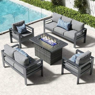 LayinSun Aluminum Furniture Set with Fire Pit Table, 5 Pieces Patio Sectional Conversation Chat Sofa Modern Seating Set