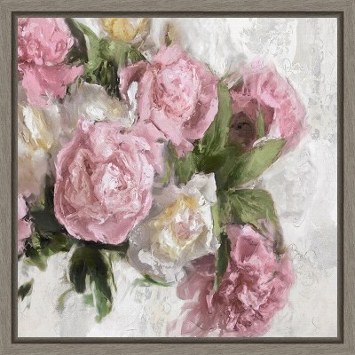 Floral Pink Peonies Canvas Wall Art with Graywash Frame