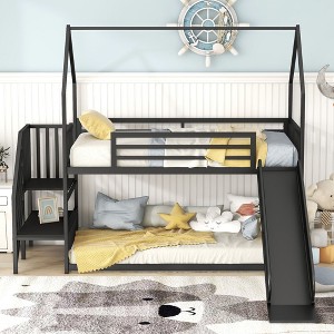 PAGED Twin Size Bunk Bed House Shaped Metal Bed Frame with Slide, Stairs and Guardrail for Bedroom - 1 of 4