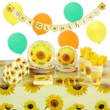 Blue Panda 207 Piece Serve 24 Sunflower Party Dinnerware Set, Tablecloth, Treat Bag & Balloon for Baby Shower Decorations