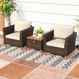 Costway 3 PCS Outdoor Patio Rattan Bistro Furniture Set Wooden Table Top Cushioned Sofa Gray/Black/Beige/Navy - 1 of 4