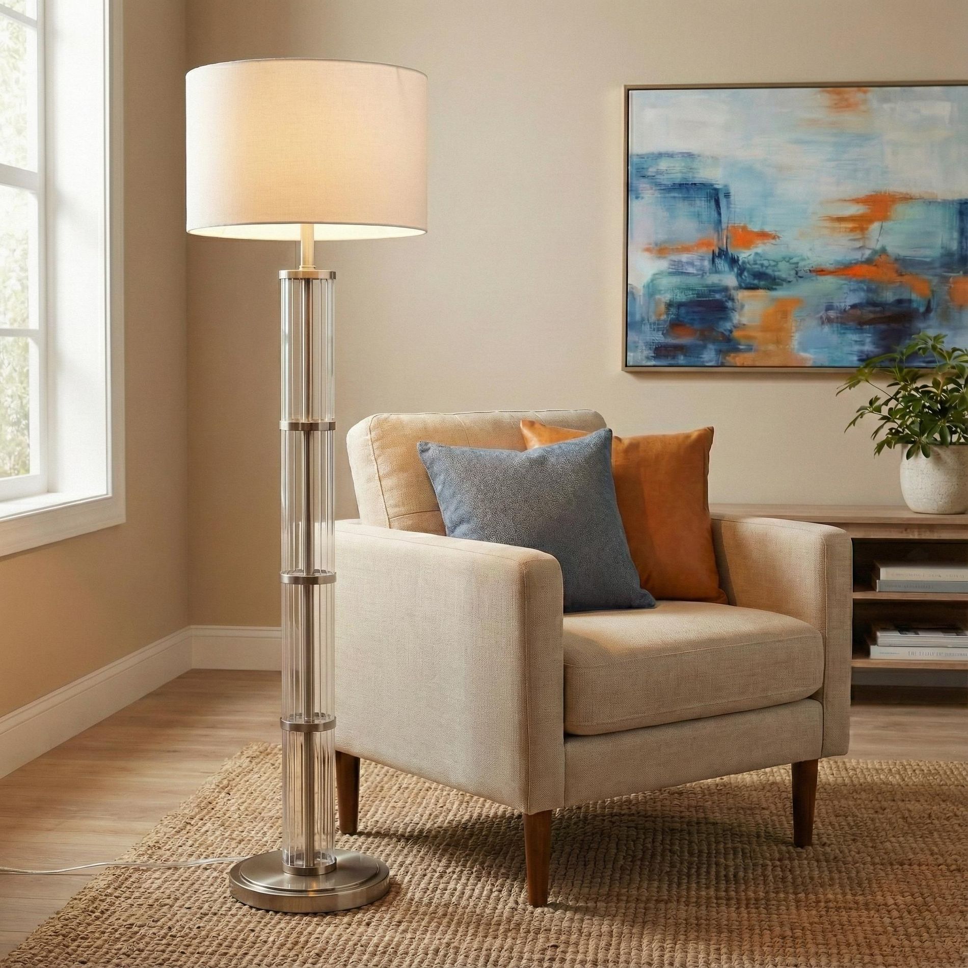 GDFStudio Camden Brushed Nickel Floor Lamp with Glass Body and Metal Base, Silver/White
