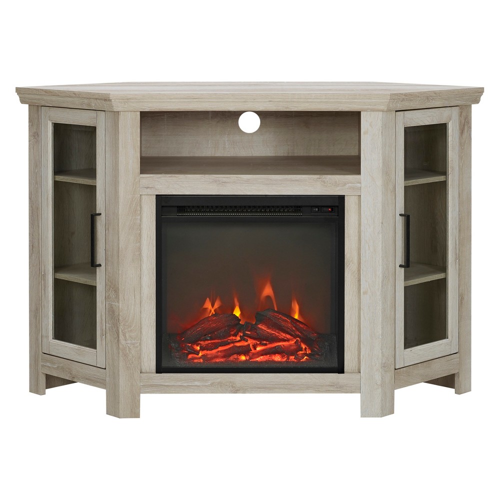 Glass Door Electric Fireplace Corner TV Stand for TVs up to 50" White Oak - Saracina Home: Entertainment Center Heater