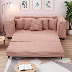82.25" Corduroy 3-Seater Convertible Sofa Bed with 5 Pillows, Side Pockets & Cup Holders - 1 of 4
