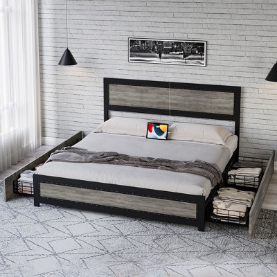 Whizmax Bed Frame with Headboard, Industrial Platform Bed Frame with 4 Storage Drawers and Charge Station, Metal Slats Support, No Box Spring Needed