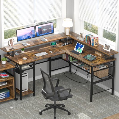 Aheaplus L Shape Computer Desk with Monitor Stand, Reversible Gaming Desk with Charge Station and LED Light