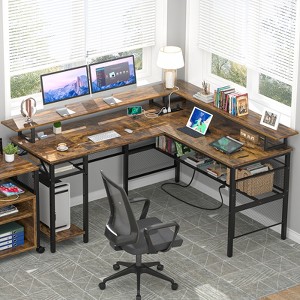Aheaplus L Shape Computer Desk with Monitor Stand, Reversible Gaming Desk with Charge Station and LED Light - 1 of 4