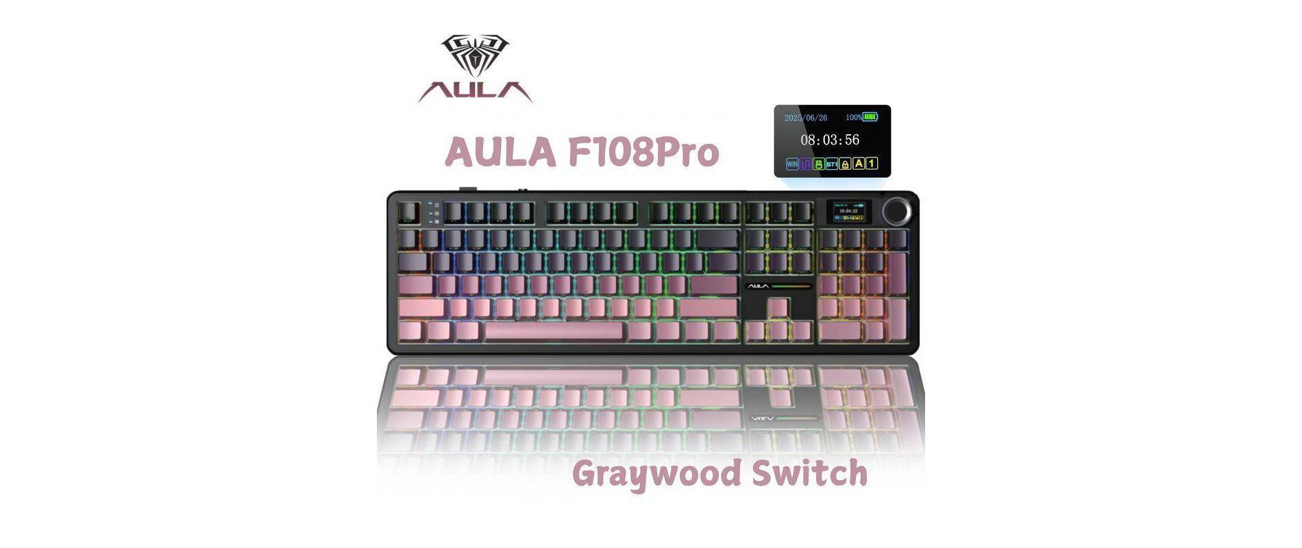 AULA F108Pro Wireless Mechanical Gaming Keyboard, Hot Swappable, RGB-TFT Screen, Num Pad, Tri-Mode - Pink Gradient