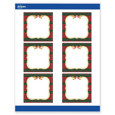 Avery Labels, 3" x 3", Gold-Red-Green Plaid, Matte, 60ct