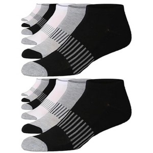 JAMES FIALLO Men's 12-Pairs Performance Athletic Bold Striped Accents on Neutral Black White Grey Tones Low Cut Sport Socks - 1 of 4