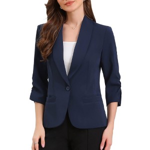 INSPIRE CHIC Women's 3/4 Sleeve Shawl Lapel Pocket Single Button Office Work Blazer X-Large Royal Blue - 1 of 4