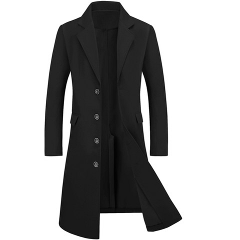 Lars Amadeus Men's Winter Single-Breasted Notched Lapel Long Overcoat Small Dark Black