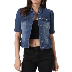 INSPIRE CHIC Women's Casual Short Puff Sleeves Button-Down Jean Denim Jacket - 1 of 4