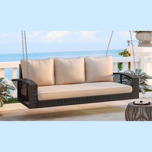 CAVINAS 3-Person PE Wicker Outdoor Swing Chair with Chains and Cushions,Wood Porch Swing for Poolside,Garden,Courtyard - 1 of 4