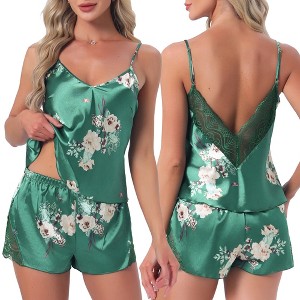 INSPIRE CHIC 2 Pcs Women's Satin Pajamas Silky Soft V-Neck Lace Trim Lingerie Camisole Tops with Shorts Loungewear Set - 1 of 4