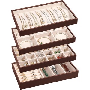 4-Piece Stackable Jewelry Organizer Trays made of PU leather with removable dividers for earrings, necklaces, rings, and bracelets - 1 of 4