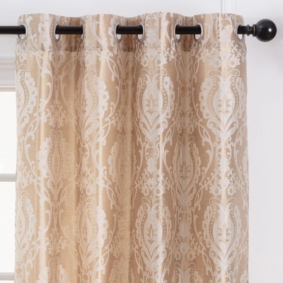 Royal Beige Damask Jacquard Room-Darkening Grommet Curtains