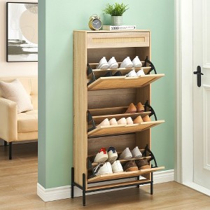 Garvee 3-Tier Rattan Shoe Cabinet, Free Standing Shoe Rack with 3 Flip Doors, Storage Organizer for Heels, Boots, Slippers,Entrance Hallway Entryway - 1 of 4