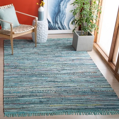 Turquoise Multi Stripe Handmade Cotton Square Rug 4' x 6'