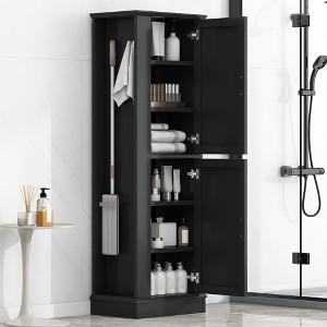 PDTEND Tall Bathroom Freestanding Storage Cabinet with Hook and Adjustable Shelf, an Anti-Toppling Device - 1 of 4