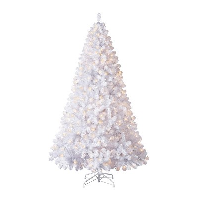 Evergreen Classics 7.5 Foot Pre Lit White Oxford Pine Artificial Holiday Tree with 500 Micro Dot Warm White LED Lights and Metal Stand