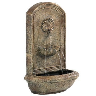 Sunnydaze 27"H Solar-Powered with Battery Pack Polystone Seaside Outdoor Wall-Mount Water Fountain, Florentine Stone Finish