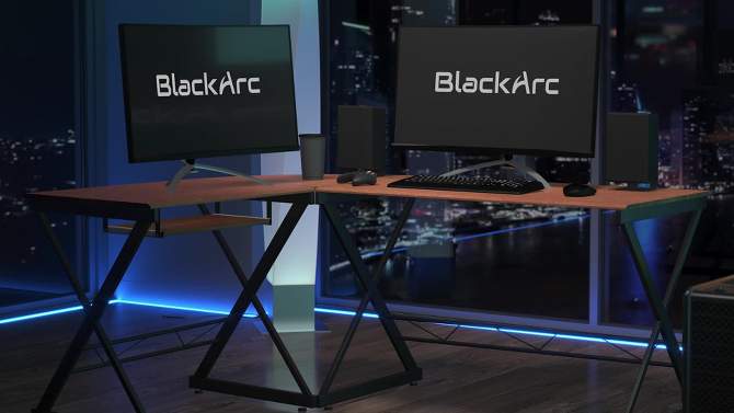 BlackArc L-Shaped Gaming Desk Teakwood Finish Laminate Top-Black Powder Coated Frame-Pull Out Keyboard-87" Overall Diagonal Width, 2 of 11, play video