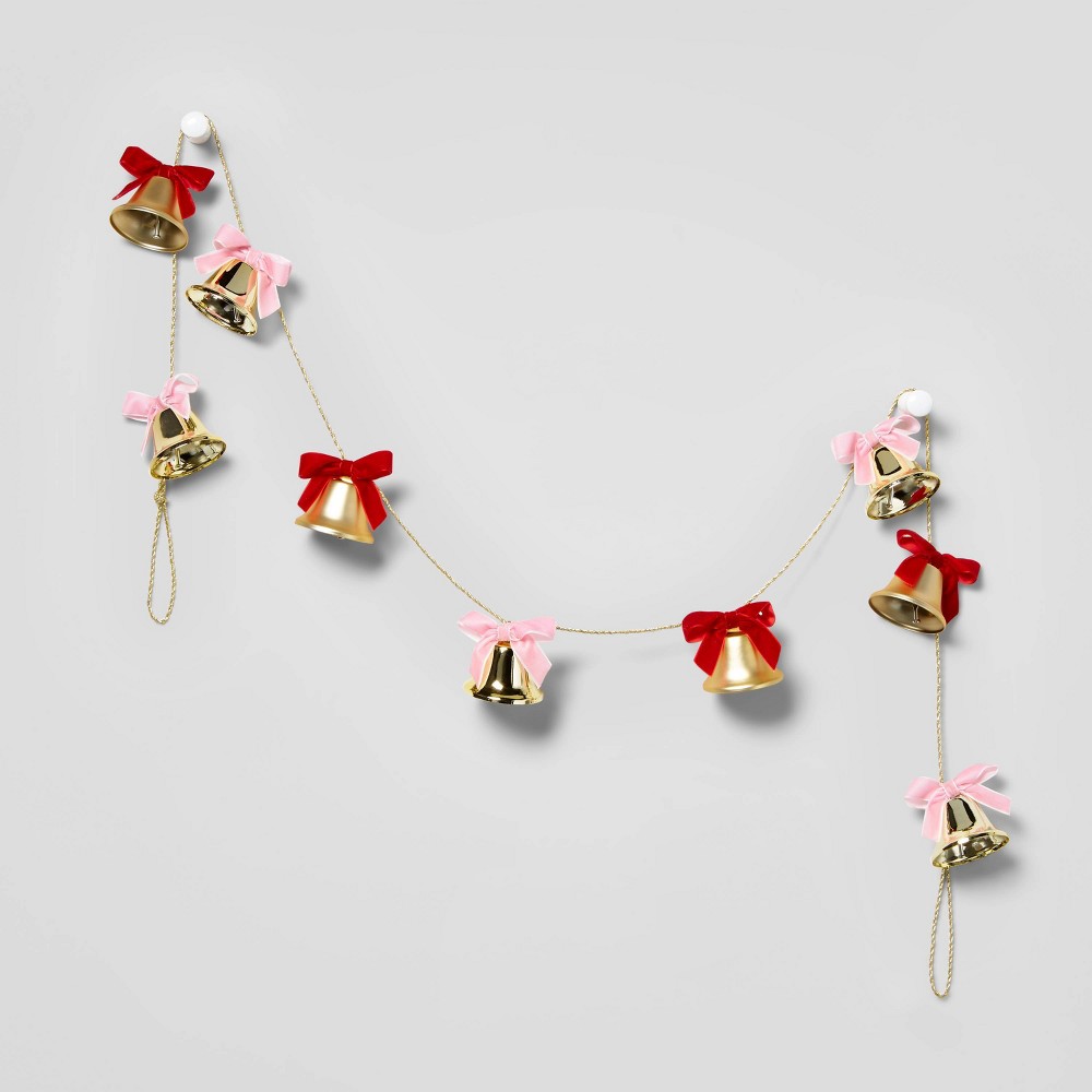 6ft Metal Gold Jingle Bells Christmas Garland Red/Pink - Wondershop