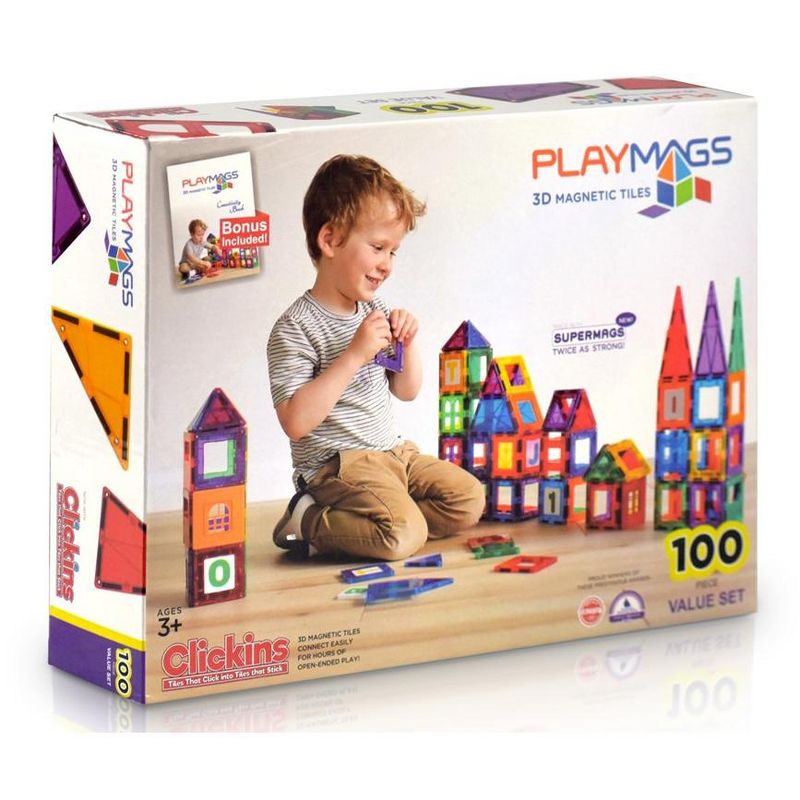 Playmags 100-Piece Magnetic Tiles Building Blocks Set, 3D Magnet Tiles for Kids, 2 of 5