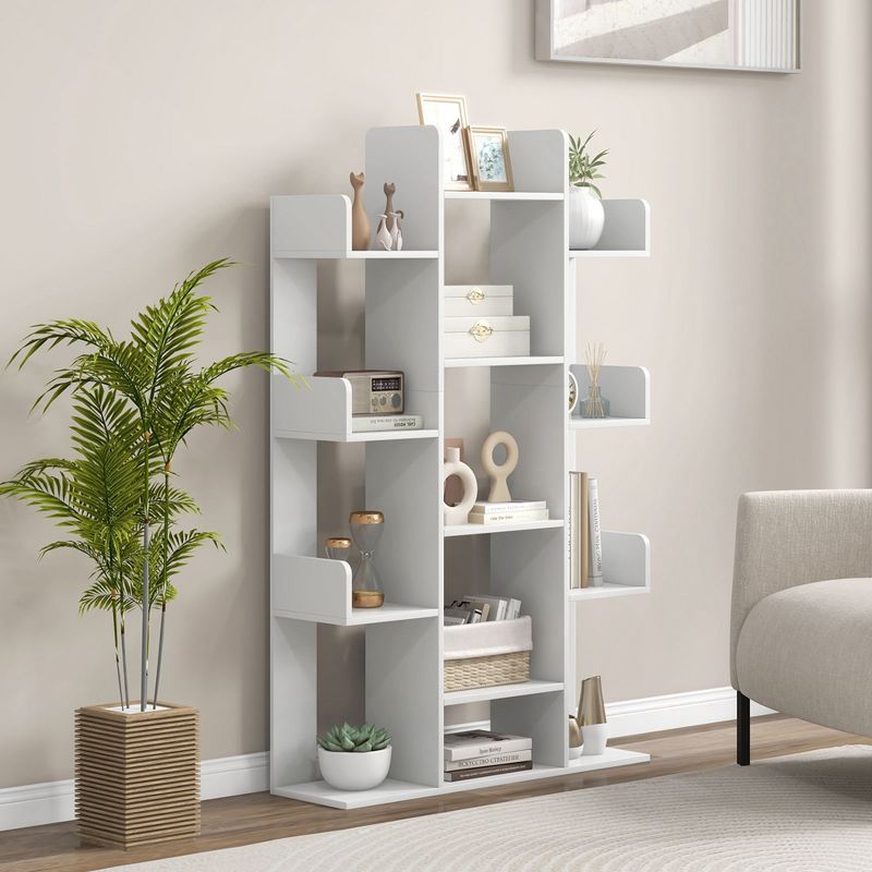 Costway 1/2 PCS Bookshelf Tree-Shaped Bookcase with 13 Storage Shelf Rustic Industrial Style White/Coffee, 2 of 11