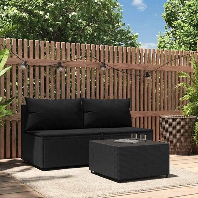 VidaXL 3 Piece Patio Lounge Set with Cushions Black Poly Rattan