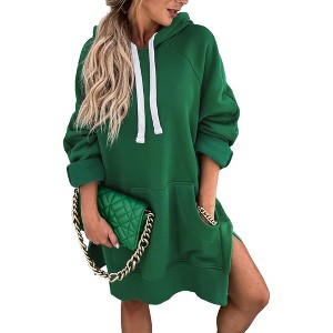 Coolmee Women's Oversized Hoodies Dress Casual Pullover Long Sleeve Split Hem Drawstring Hooded Sweatshirts Dress With Pocket - 1 of 4