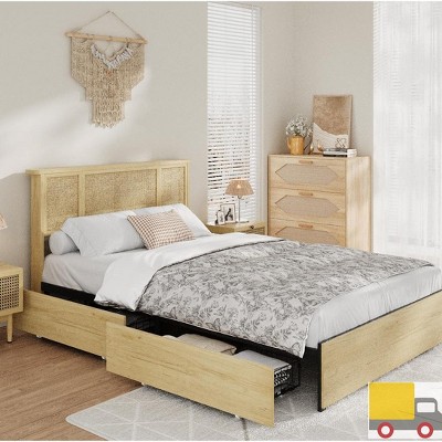 Garvee Boho Bed Frame with Handwoven Natural Rattan Headboard, 4 Large Storage Drawers, Heavy-Duty Metal Frame with Wood Slats, Noise-Free Design