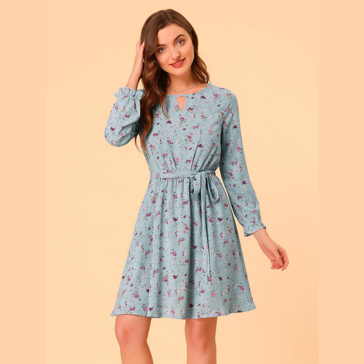 Женские платья INSPIRE CHIC Women's Round Neck Long Sleeve Elastic Tie Waist Dress Small Powder Blue — фото 2