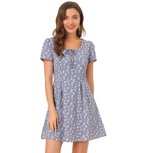 Allegra K Women's Printed Summer Casual Square Neck Short Sleeve Fit and Flare Dress - 1 of 4
