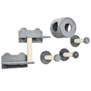 PawHut 5PCs Cat Wall Shelves, Pet Wall-mounted Climbing Shelf Set, Kitten Activity Center with Condo, Cushion, Scratching Post, Platform, Gray - 1 of 4