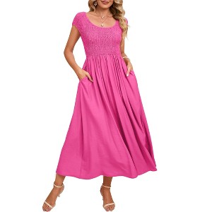 Women's Maternity Dress Casual Summer Round Neck Short Sleeve Smocked High Waist Maxi Dress with Pockets - 1 of 4