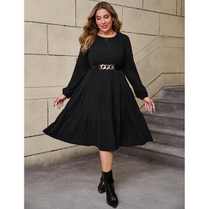 Plus Size Women's Long Knit Dress with Lantern Sleeves, Soft Casual Crewneck Tunic Sweater Dress for Tall Ladies - 1 of 4