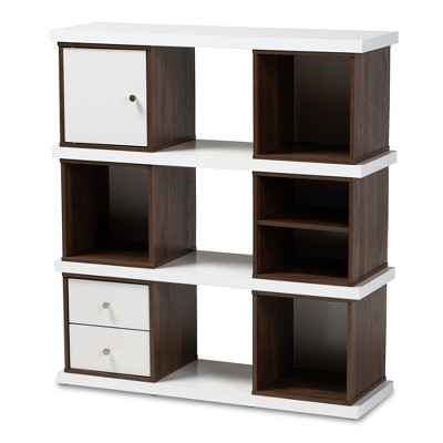 39.06" Rune Two-Tone 2 Drawer Bookcase White/Walnut - Baxton Studio