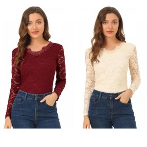 INSPIRE CHIC Women's Floral Embroidery Sheer Long Sleeves Lace Blouse 2 Packs - 1 of 4