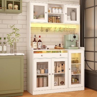 Qwatto 71" Kitchen Pantry Cabinet with Charging Station and LED Lights Tall Freestanding Kitchen Hutch with storage Rack Microwave Stand White Cabinet — фото 3