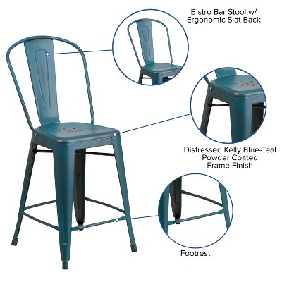 Kelly Blue-Teal Metal Counter Stool with Vertical Slat Back and Footrest