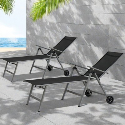 Syemin Pool Lounge Chairs with Wheels, 2PCS Comfortable Patio Lounge Chair , Outdoor Chaise Lounge, Adjustable Armrest, Black 74.8"*29.9"*28.7"