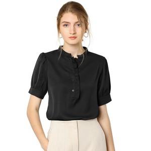 Allegra K Women's Work Office Half Placket Ruffled Puff Sleeve Blouse - 1 of 4