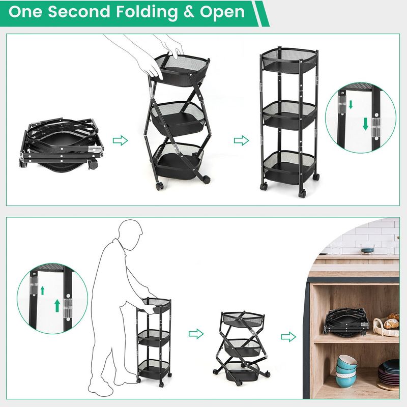 Tangkula 3-Tier Rotating 1-Second folding Storage Rack Metal Rolling Utility Cart Square, 4 of 11
