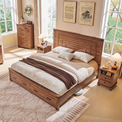 SinCiDo Queen Size Farmhouse Bed Frame, 54" Tall Geometric Headboard & 2 Storage Drawers ,Solid Wood Platform w/Reinforced Slats