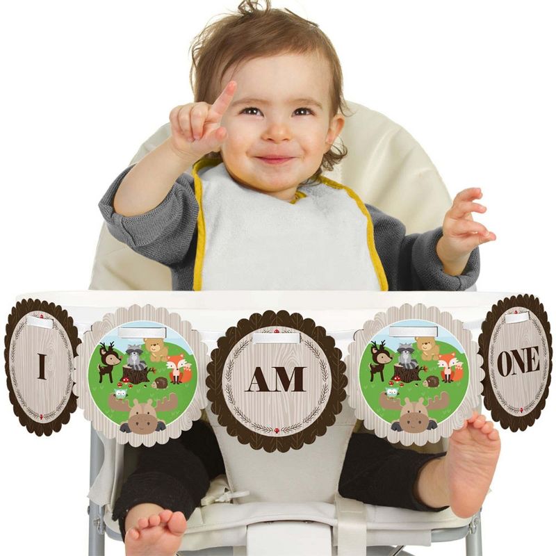 Big Dot of Happiness Woodland Creatures 1st Birthday Highchair Decor - I Am One - First Birthday High Chair Banner, 1 of 5