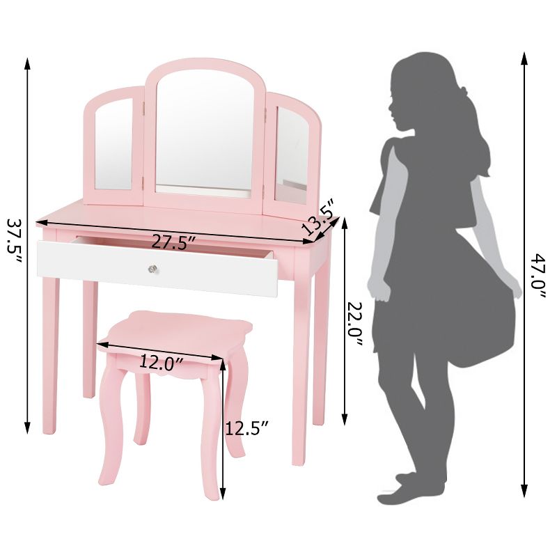 Costway Kids Vanity Set Princess Makeup Dressing Play Table Set W/Mirror  White\ Pink, 3 of 9